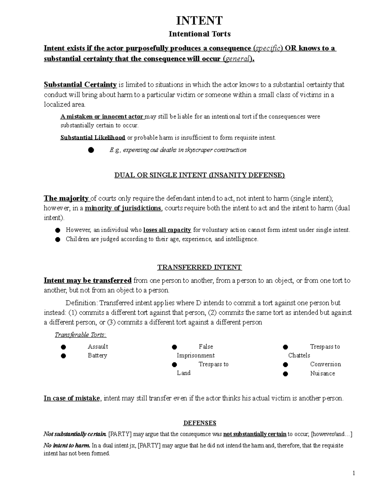 Torts Sanders Final Outline - INTENT Intentional Torts Intent exists if ...
