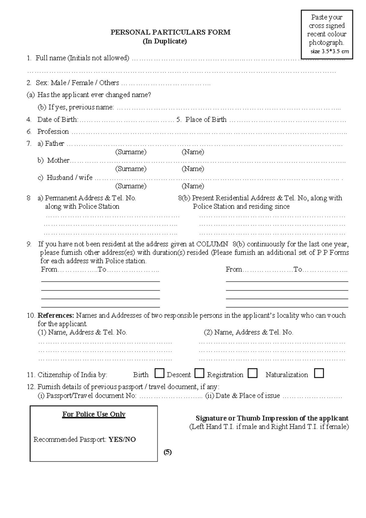 Personal Particular Form PERSONAL PARTICULARS FORM (In Duplicate