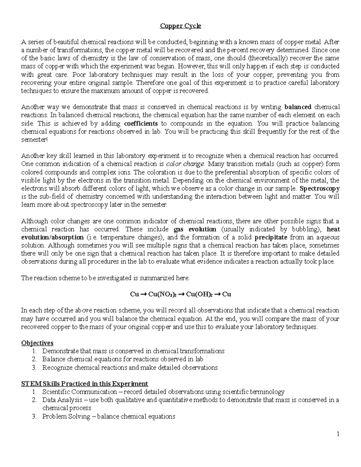 Copper Cycle Lab Handout - Copper Cycle A series of beautiful chemical ...