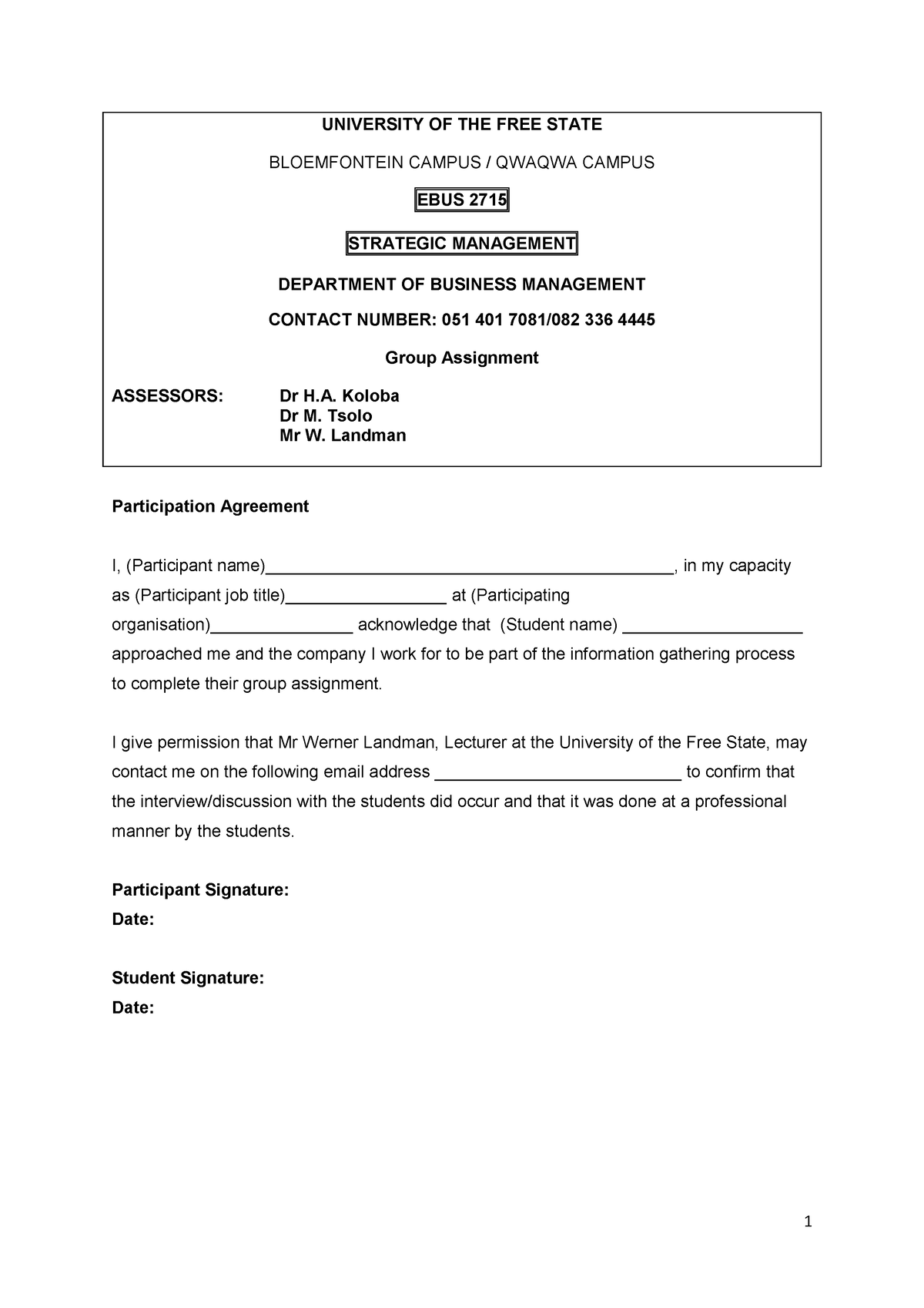 EBUS2715 Group Assignment Participant Agreement 2023 - 1 UNIVERSITY OF ...