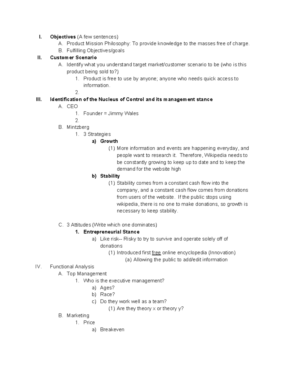 Wikipedia Case Study - I. Objectives (A few sentences) A. Product ...