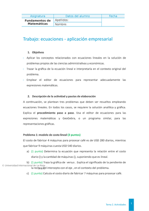 Colmkt 01 t2 trab - hola - Fundamentos de Matemáticas Apellidos: Nombre:  Trabajo: ecuaciones - - Studocu