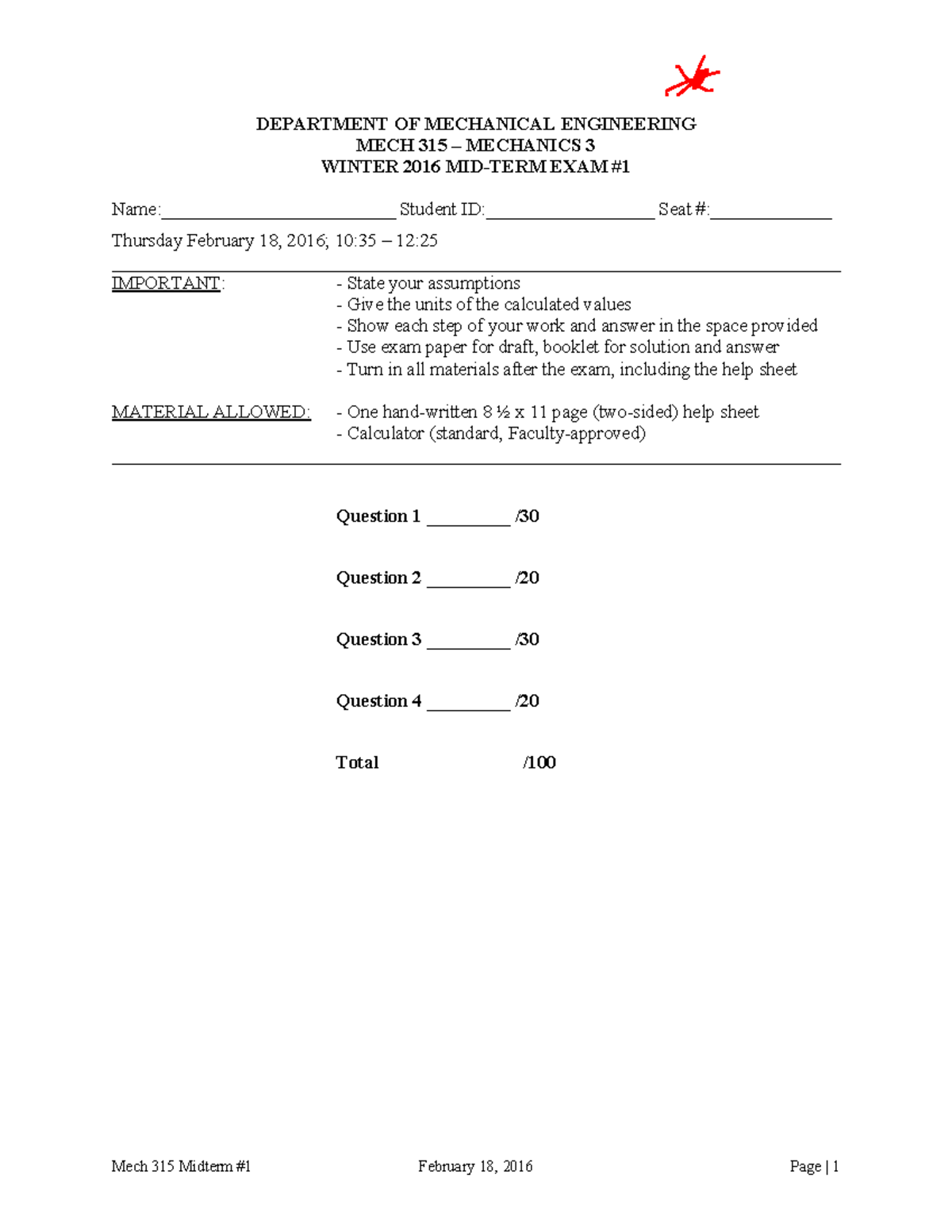 2016 midterm 1 solution - DEPARTMENT OF MECHANICAL ENGINEERING MECH 315 ...