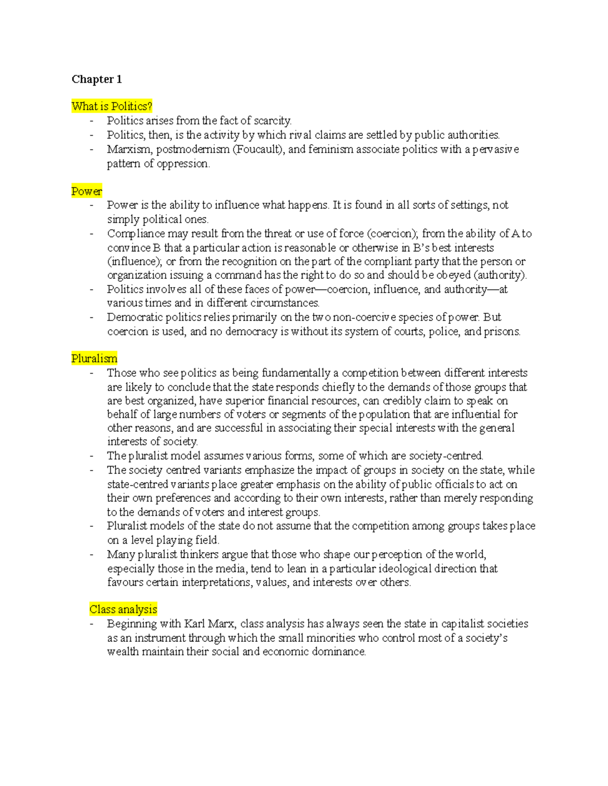 Textbook Notes - N/A - Chapter 1 What is Politics? - Politics arises ...