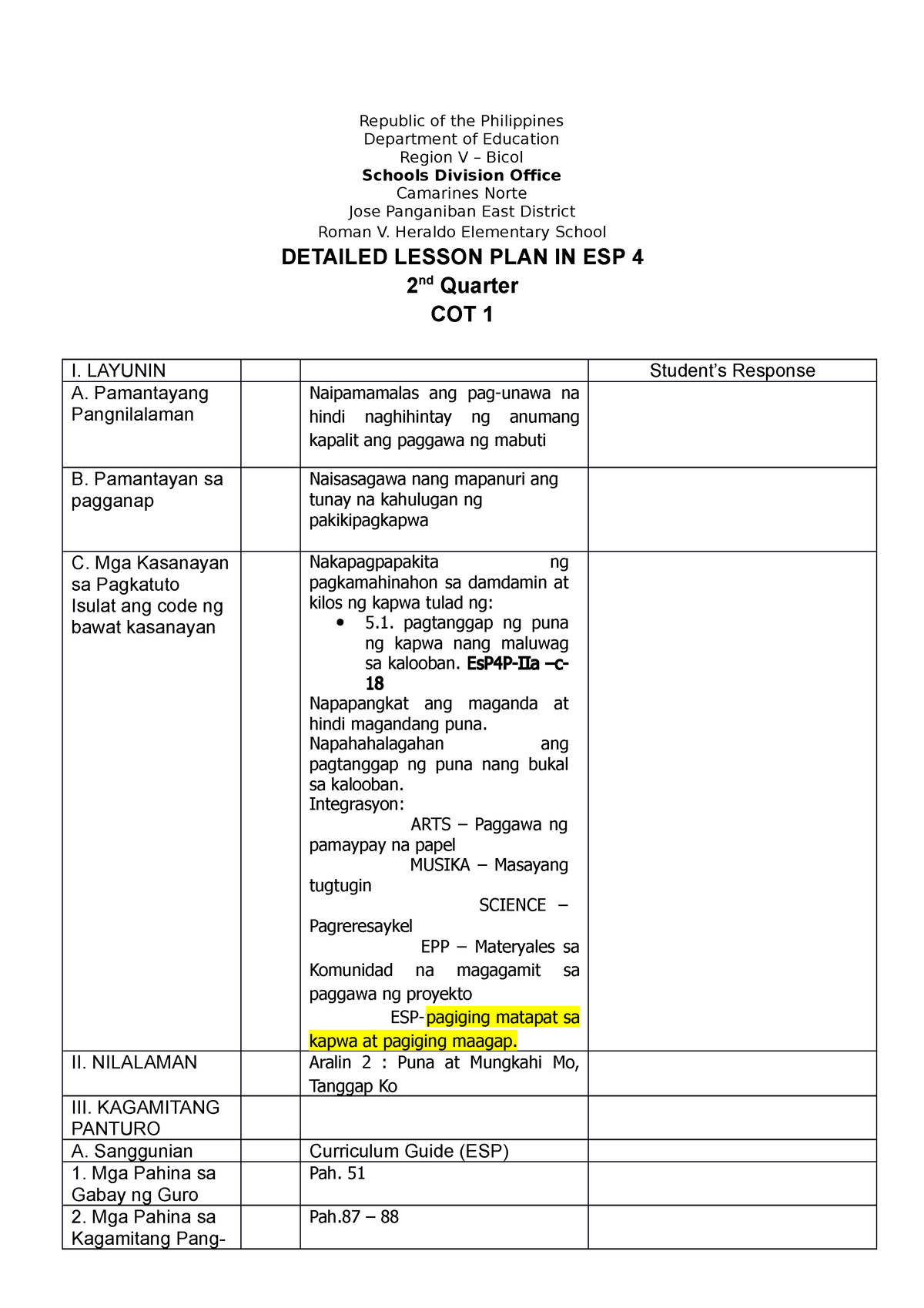 Cot Detailed Lesson Plan In Esp 4 Q2 Republic Of The Philippines Department Of Education 0598