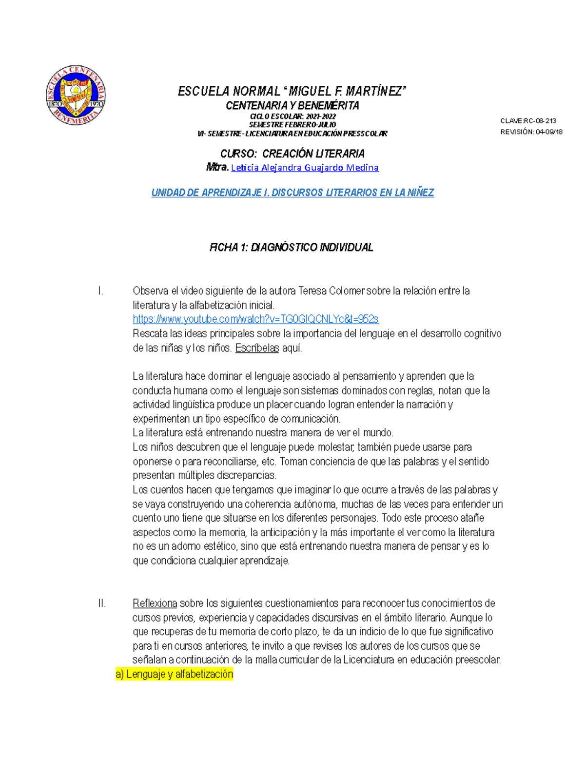 Ficha 1 U1 EspaÑol 5to Escuela Normal “miguel F MartÍnez” Centenaria Y BenemÉrita Ciclo 8637