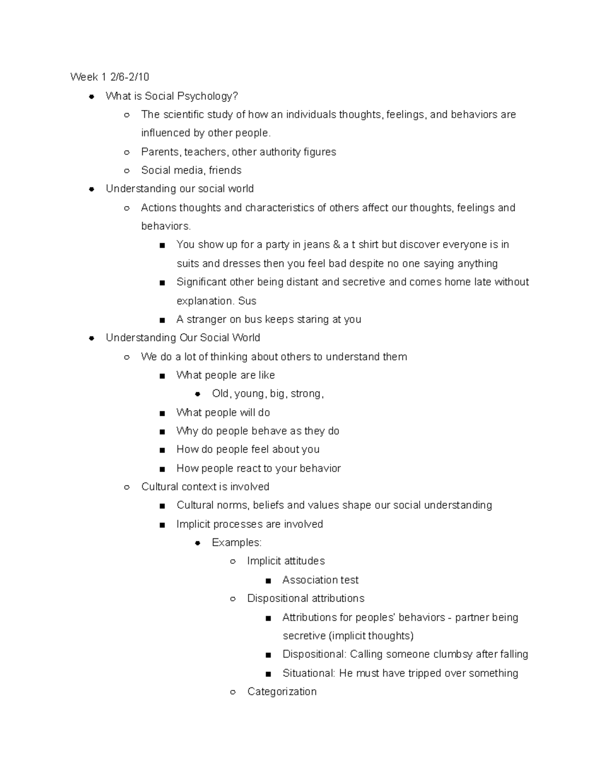 Social Psychology Notes - Week 1 2/6-2/ What is Social Psychology? The ...