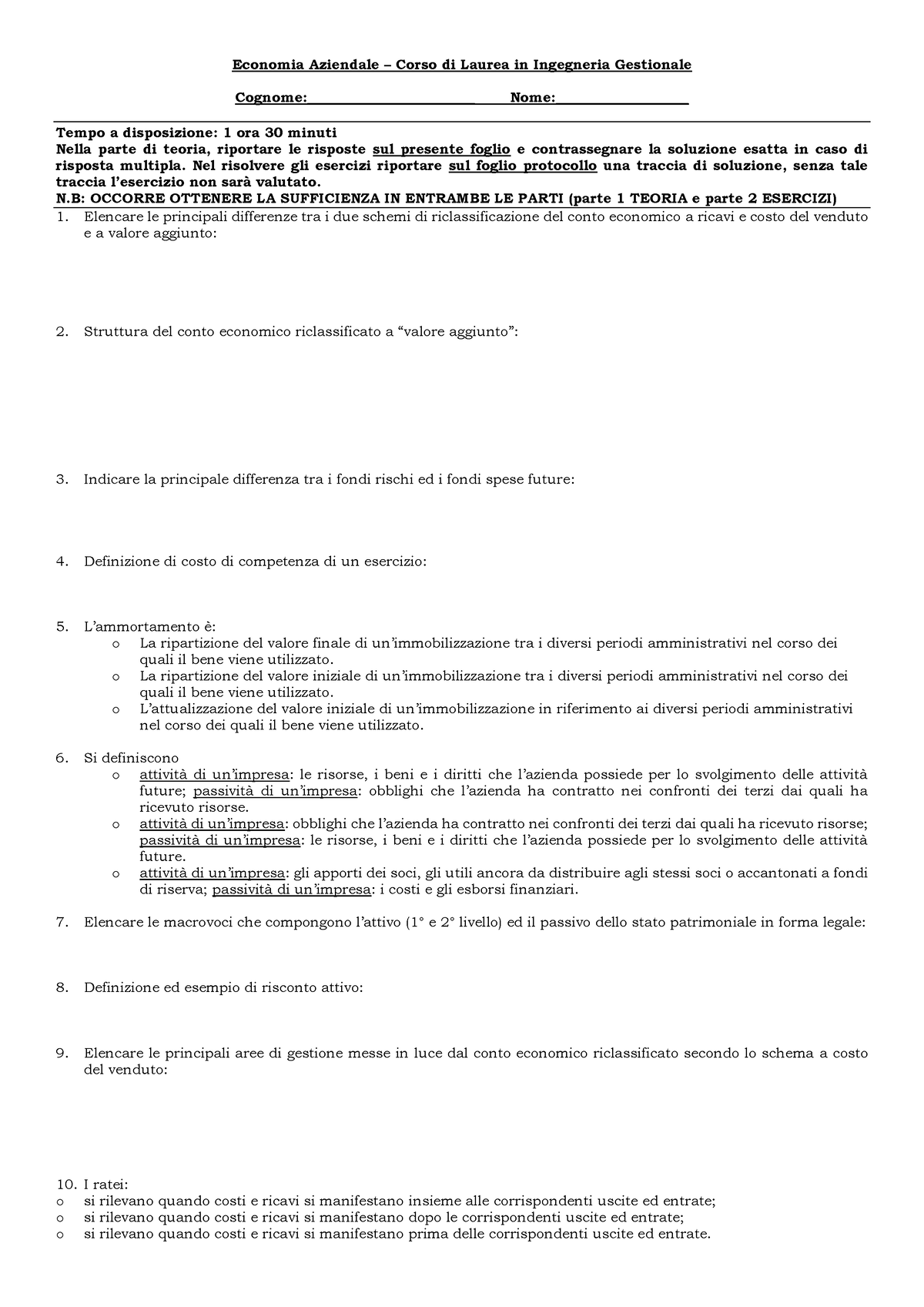 Simulazione Prima Prova In Itinere Testo Economia Aziendale Corso Di Laurea In