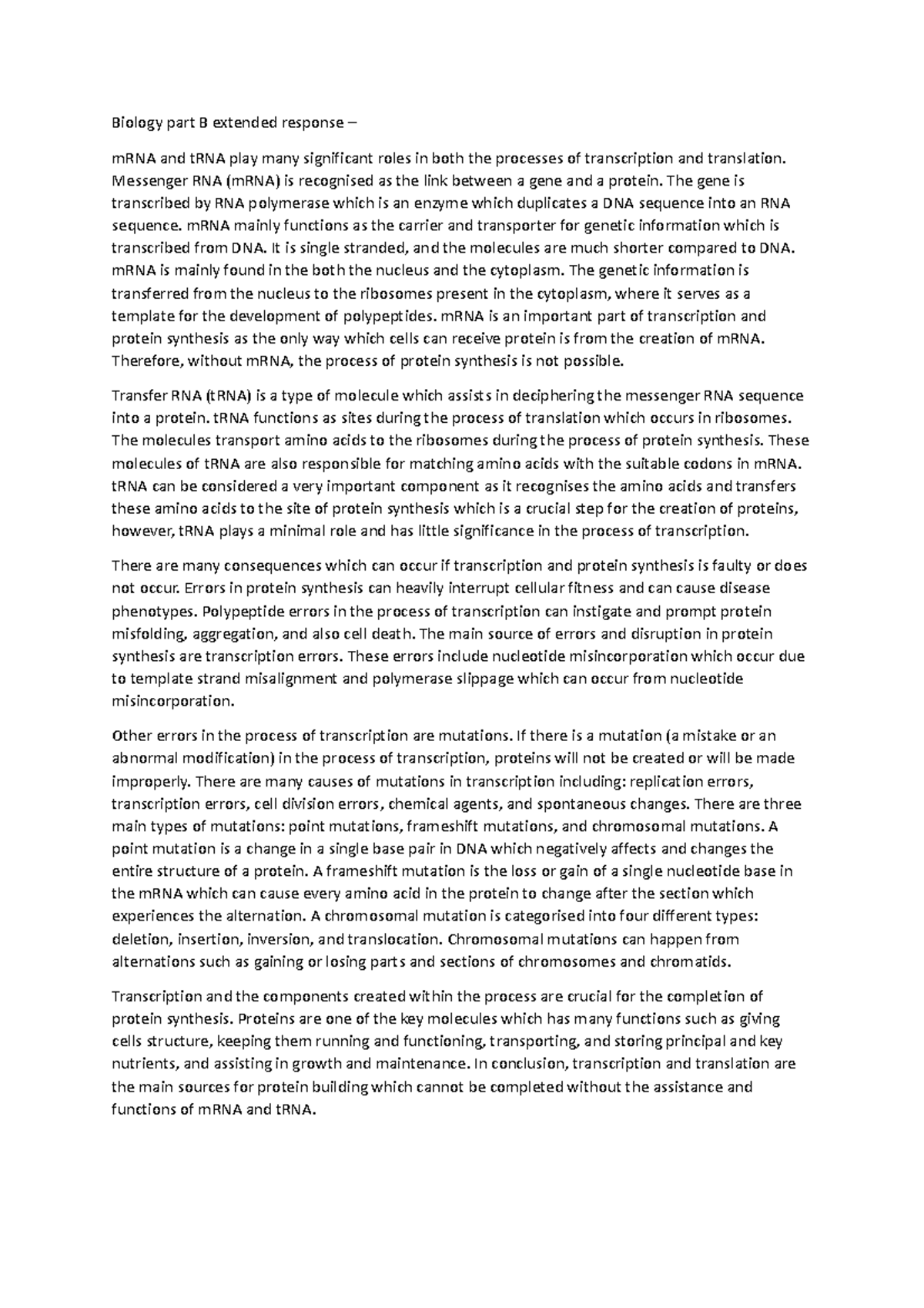 Biology part B extended response - Messenger RNA (mRNA) is recognised ...