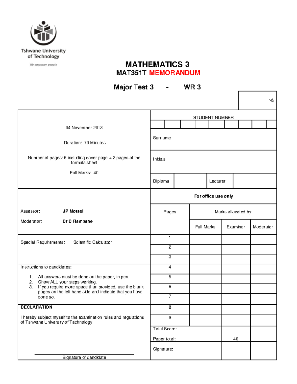 MAT351T-WR3- 2013 B MEMO - MATHEMATICS 3 MAT351T MEMORANDUM Major Test ...