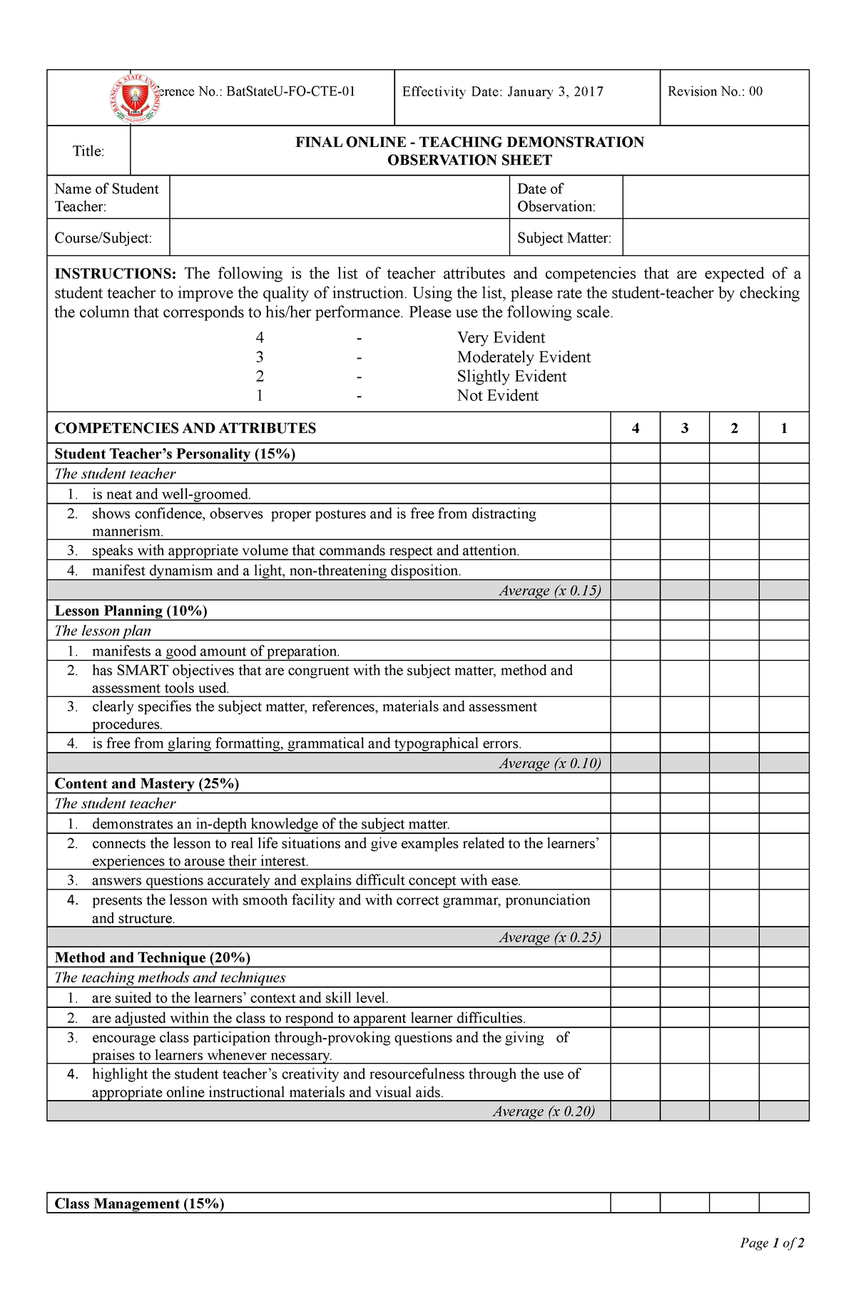 Final Online Teaching Demonstration Observation Sheet 1 - Reference No ...