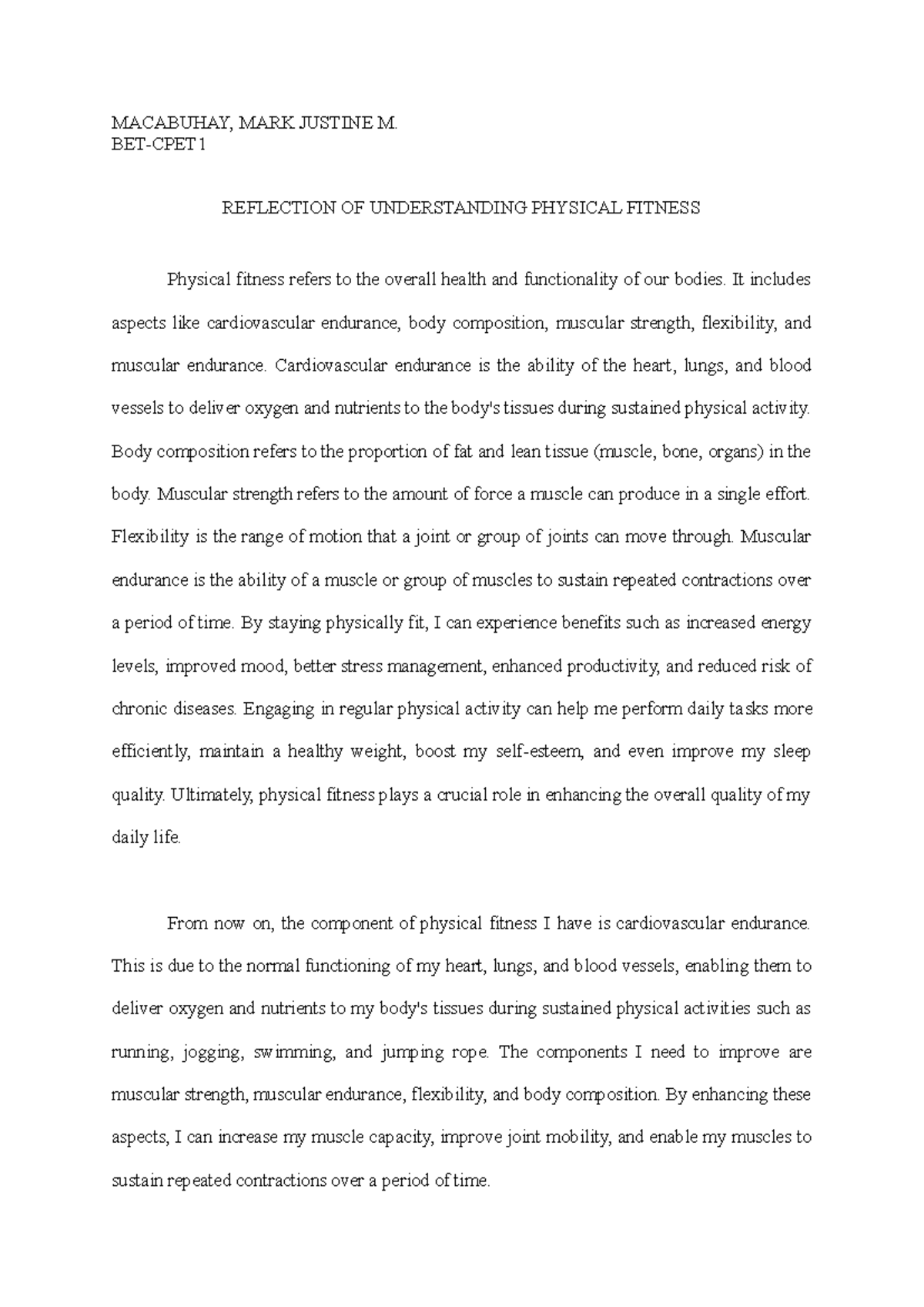 PE Reflection of Understanding Physical Fitness MACABUHAY, MARK