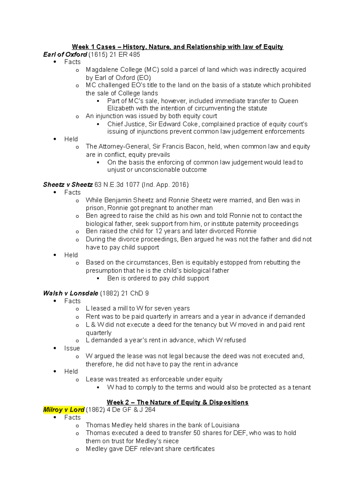 Equity Exam Cases Week 1 Cases History, Nature, and Relationship