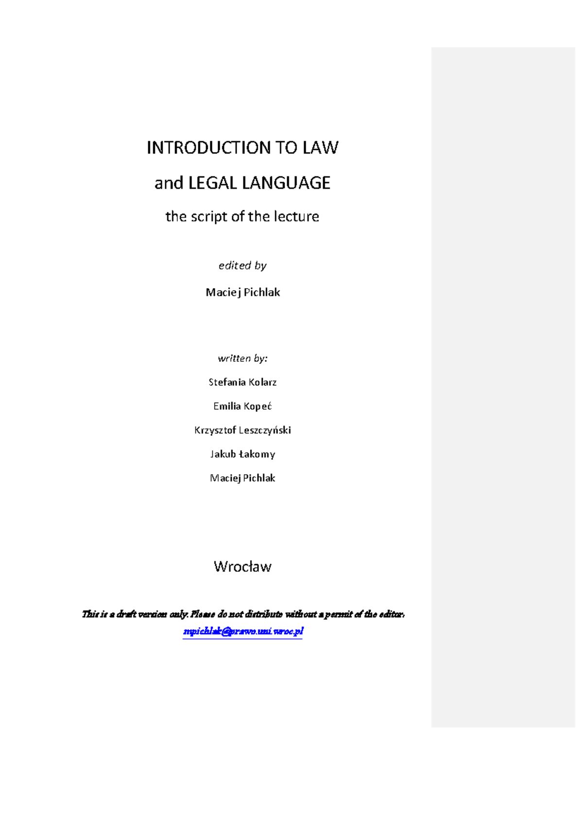 07. Introduction to Law and Legal Language author Maciej Pichlak ...
