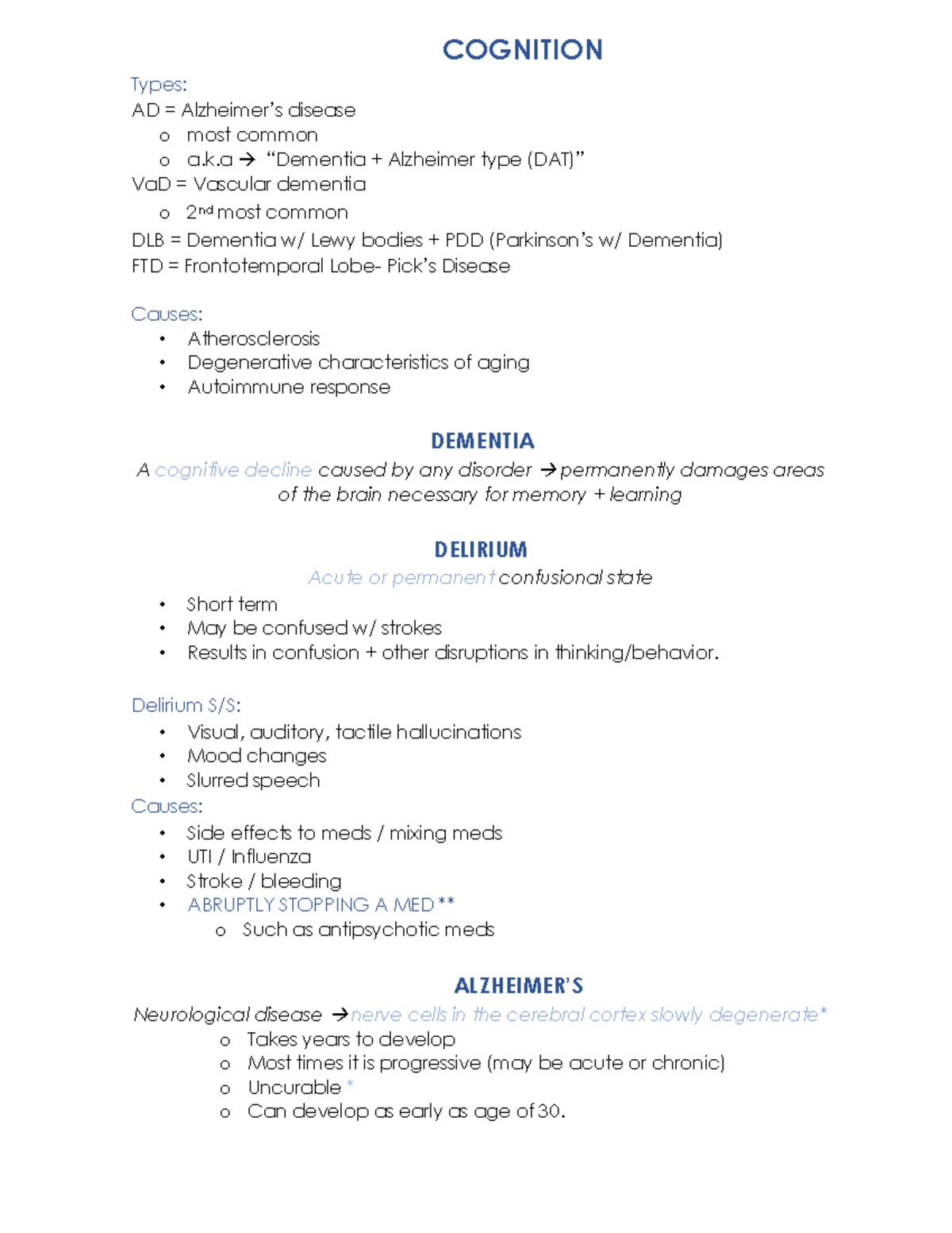 Alzheimers study guide - COGNITION Types: AD = Alzheimer’s disease o ...