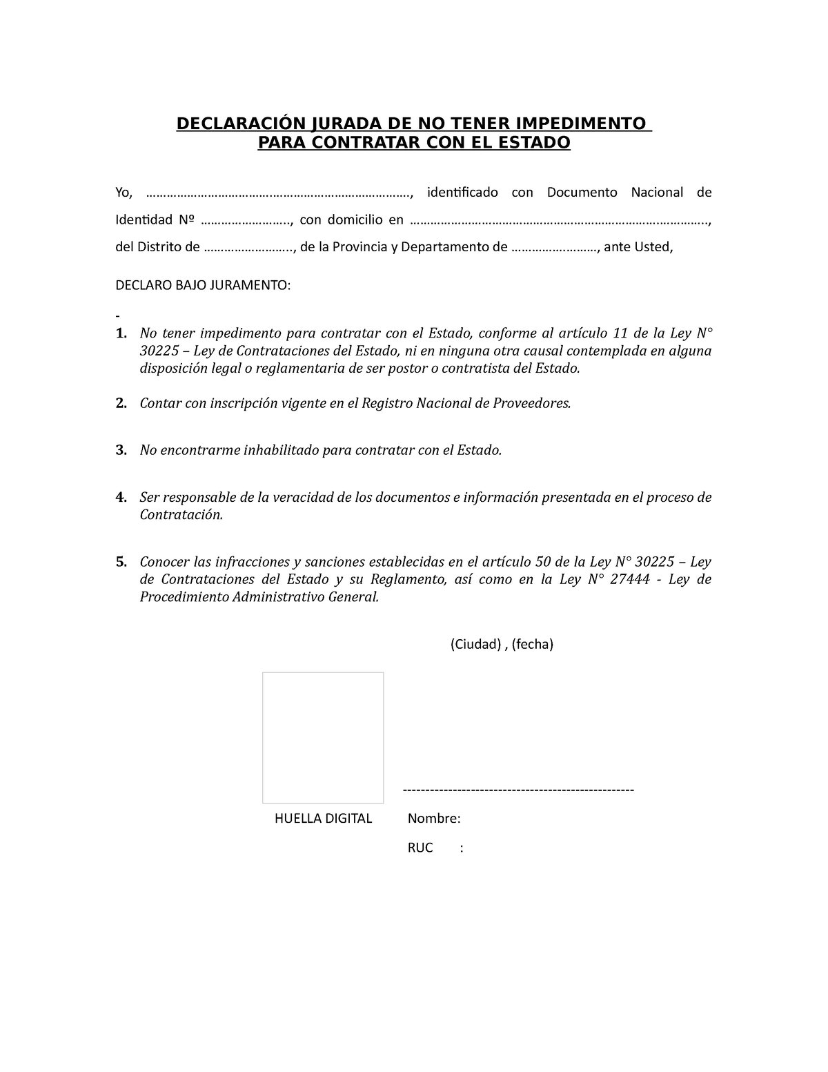 Declaración Jurada DE NO Tener Impedimento PARA Contratar CON EL Estado ...