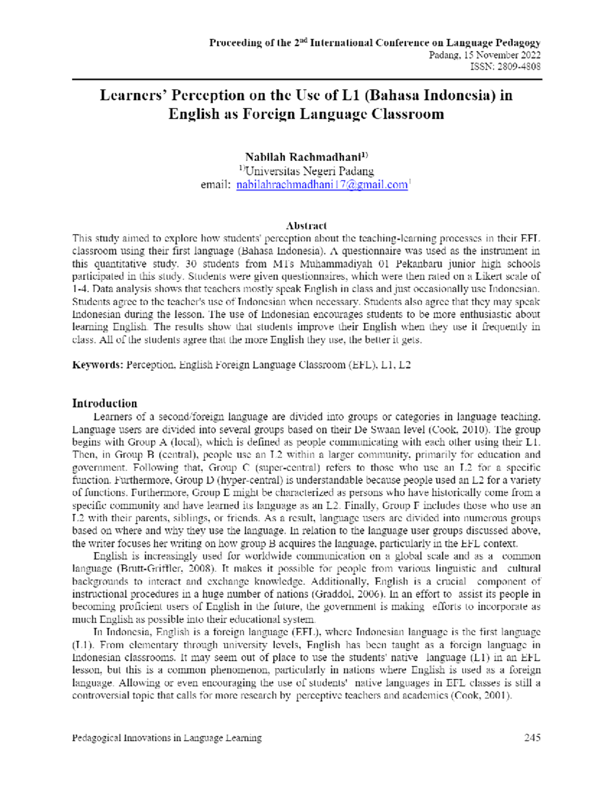 Learners’ Perception on the Use of L1 (Bahasa Indonesia) in English as ...