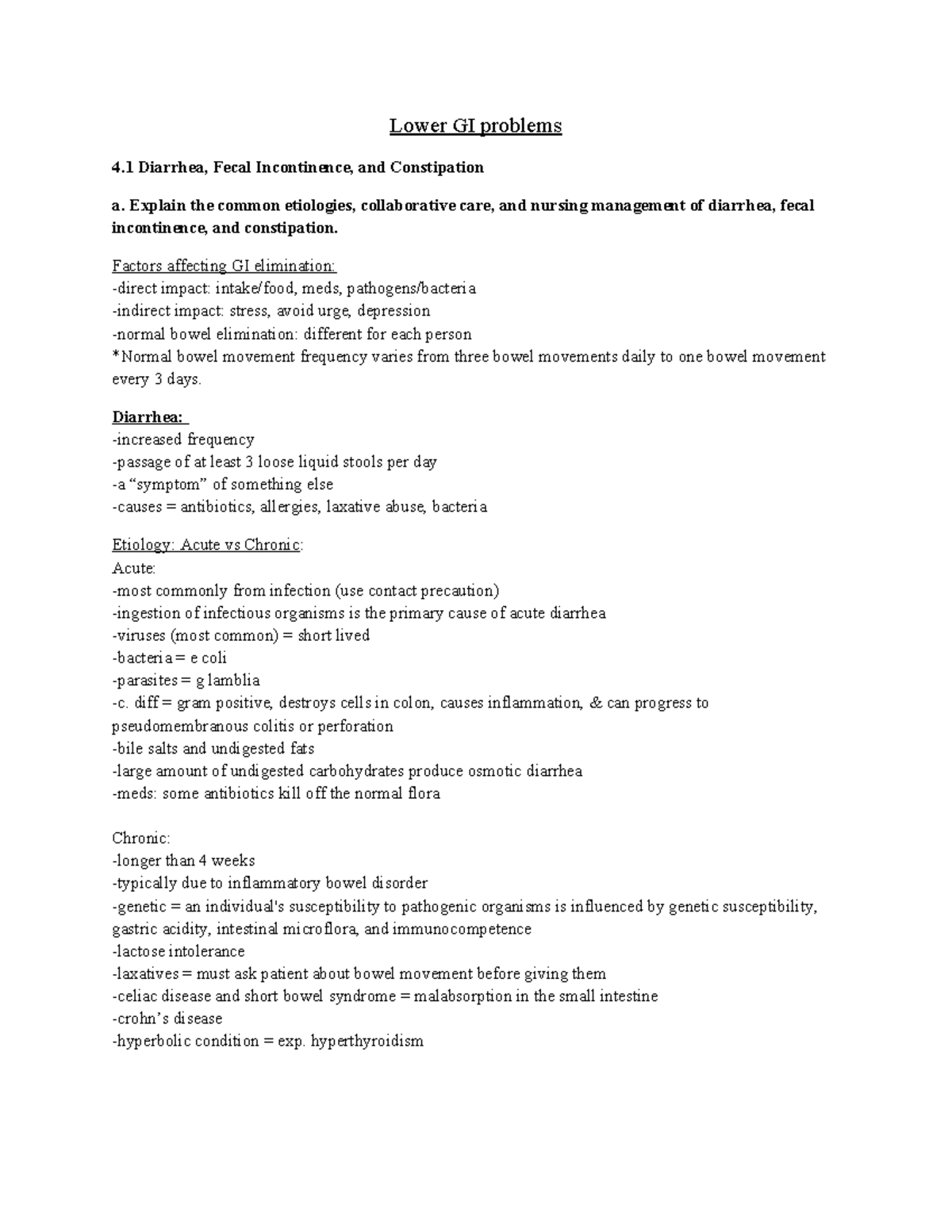 GI 4 - Lower gi problems - Notes - Lower GI problems 4 Diarrhea, Fecal ...