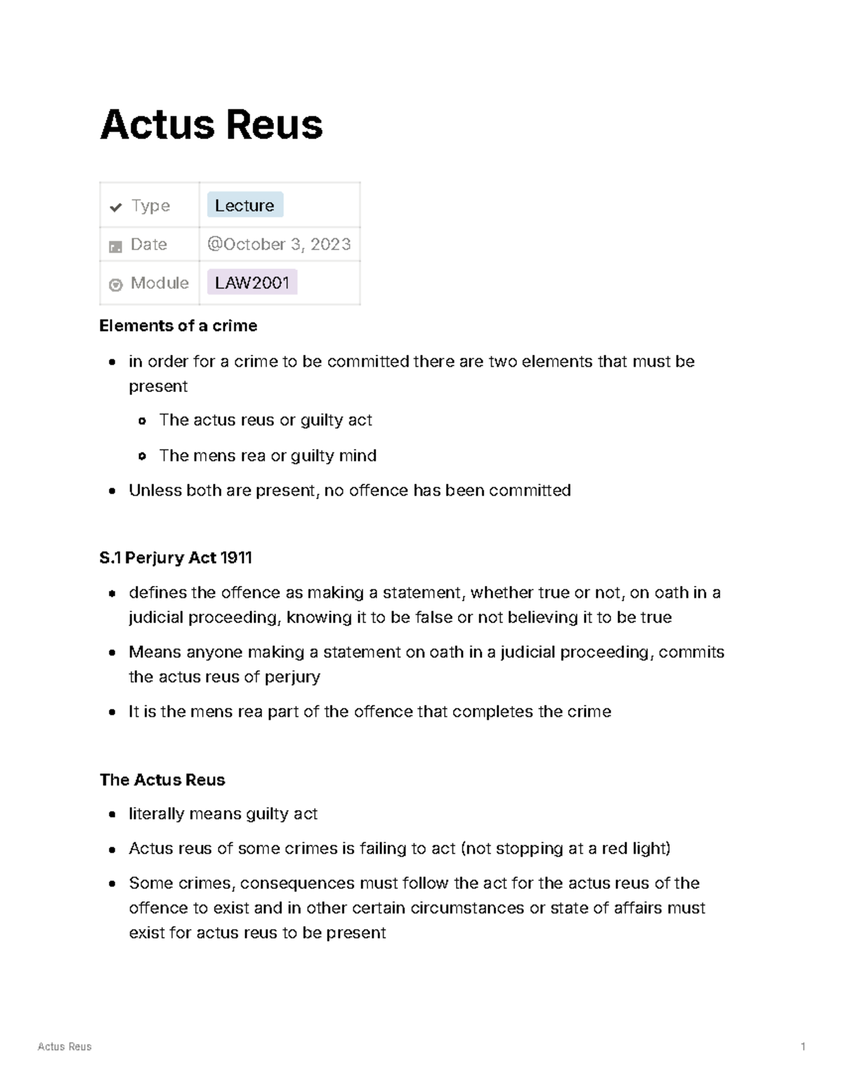 Actus Reus Notes - Actus Reus Type Lecture Date Module LAW Elements of ...