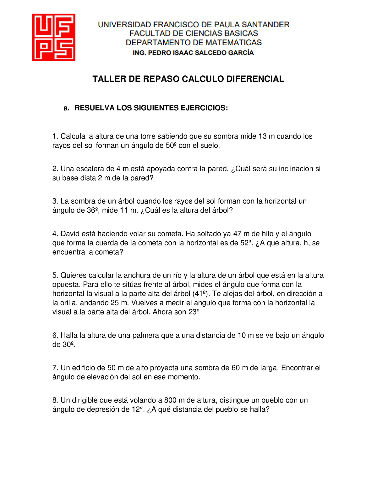 Taller DE Repaso Calculo Diferencial - TALLER DE REPASO CALCULO ...