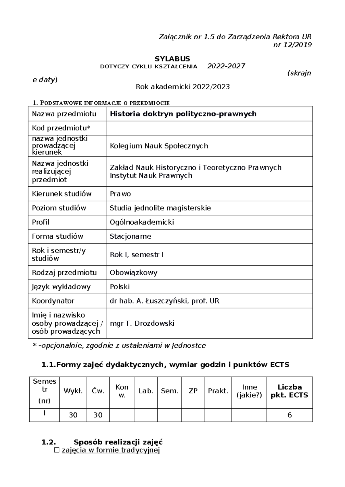 Historia doktryn polityczno-prawnych stacjonarne - Załącznik nr 1 do