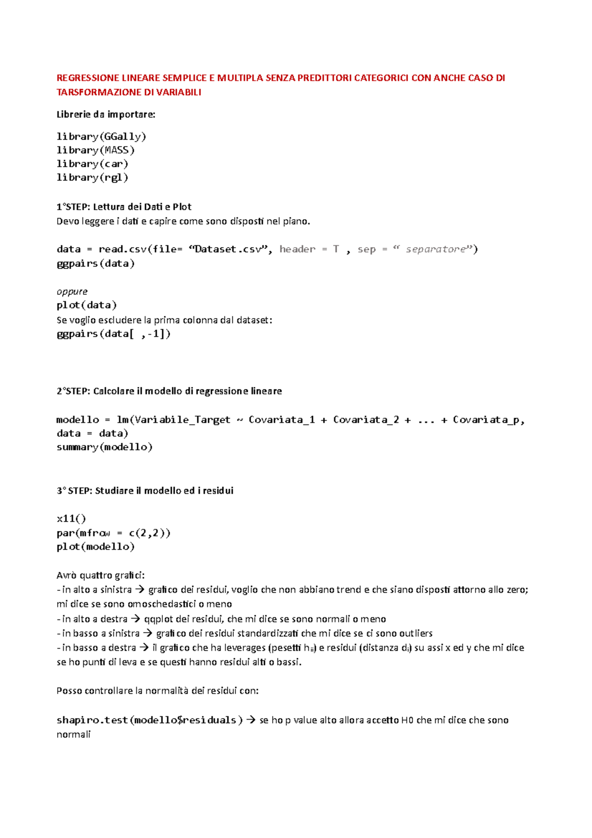 Regressione Lineare - Formulario - REGRESSIONE LINEARE SEMPLICE E ...