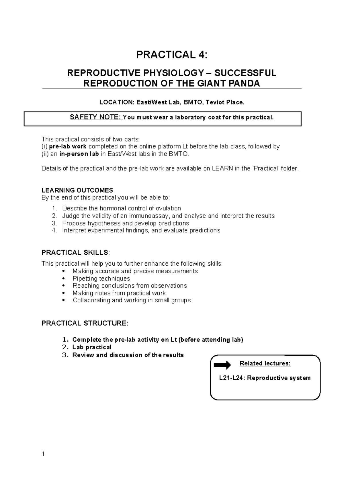 Practical 4 handout PRACTICAL 4 REPRODUCTIVE PHYSIOLOGY SUCCESSFUL