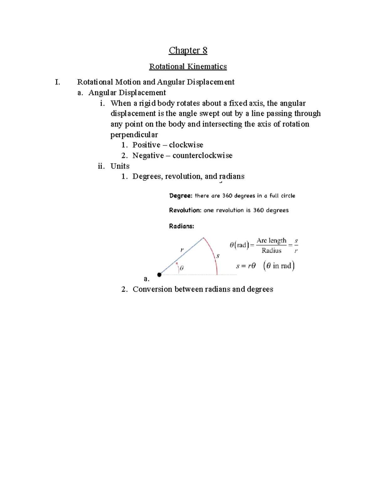 Chapter Eight - NOTES - Chapter 8 Rotational Kinematics I. Rotational ...