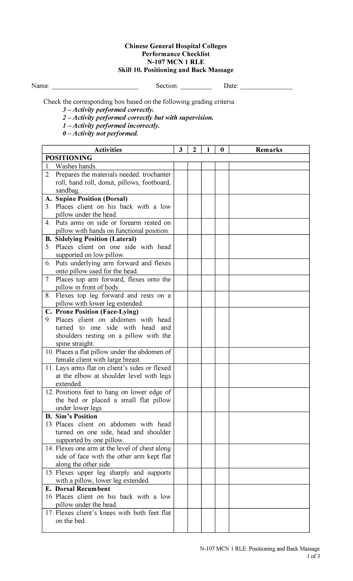 Skill 10. Positioning and Back Massage - 1 of 3 N-107 MCN 1 RLE ...