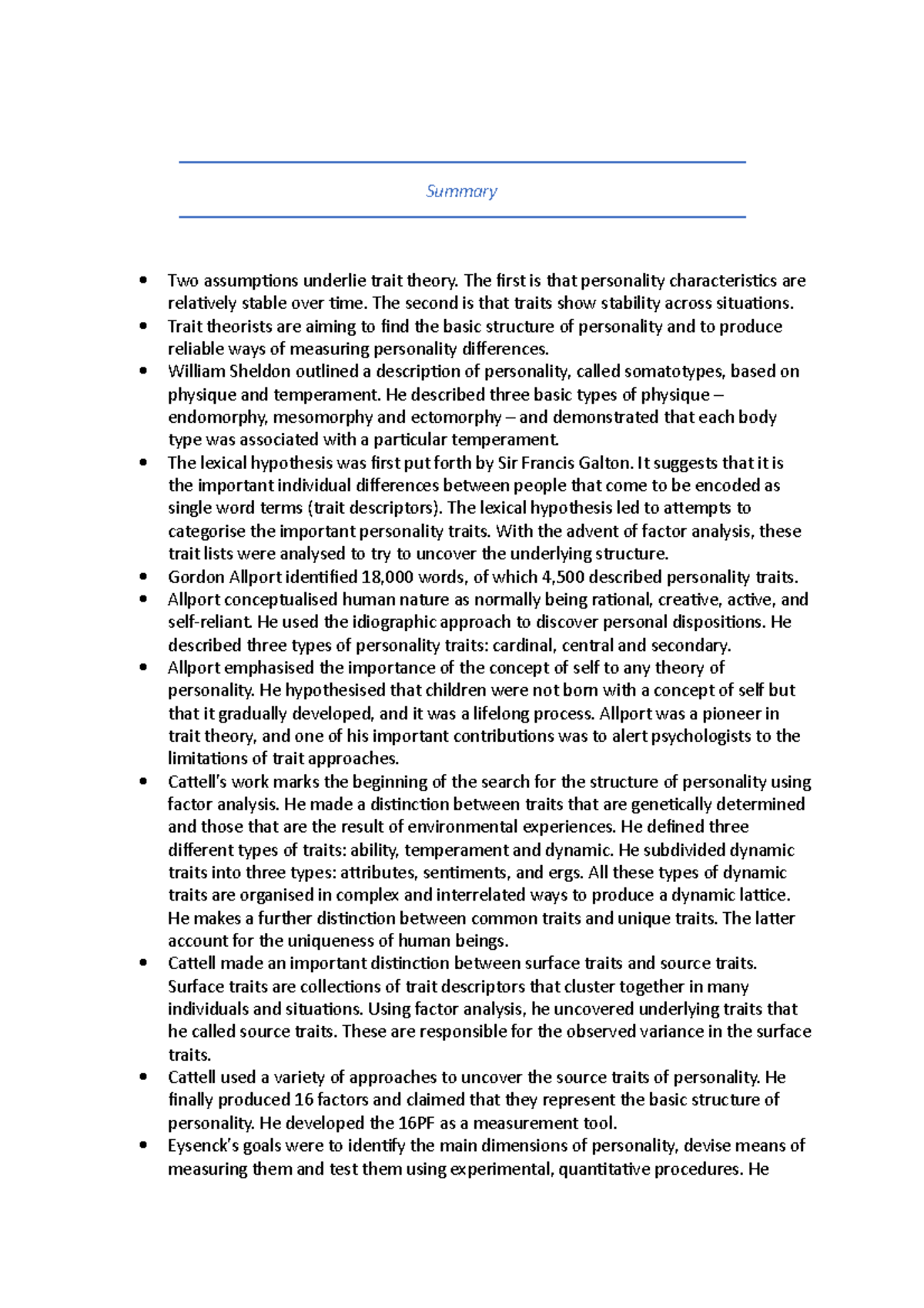 Summary of personality models - Summary Two assumptions underlie trait ...