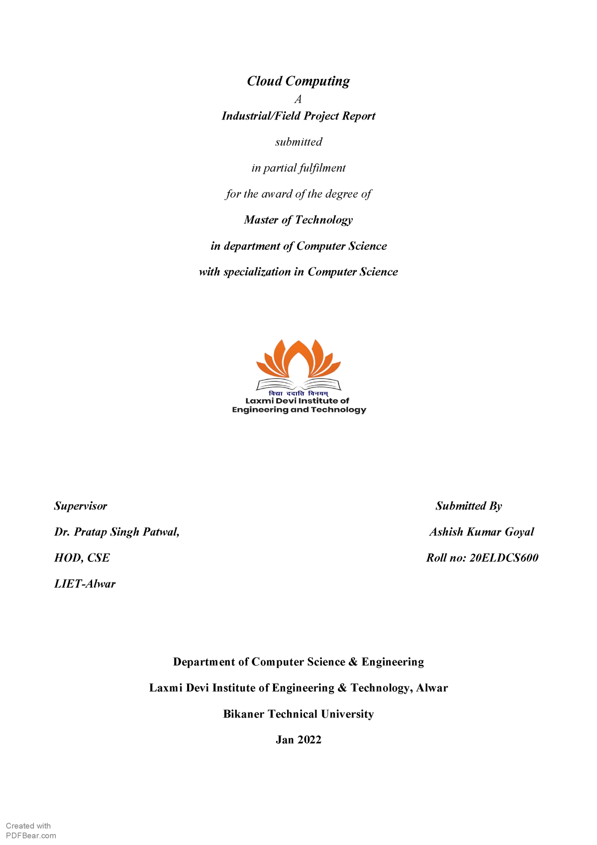 Project Report- format - Cloud Computing A Industrial/Field Project ...