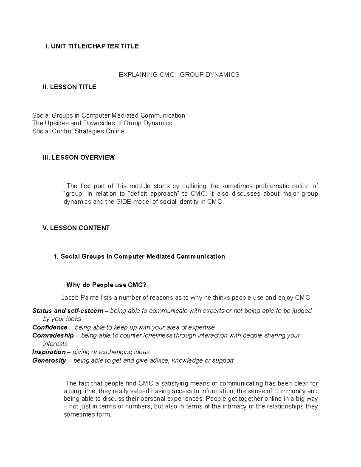Computer Mediated Communication 5 I. UNIT TITLE/CHAPTER TITLE