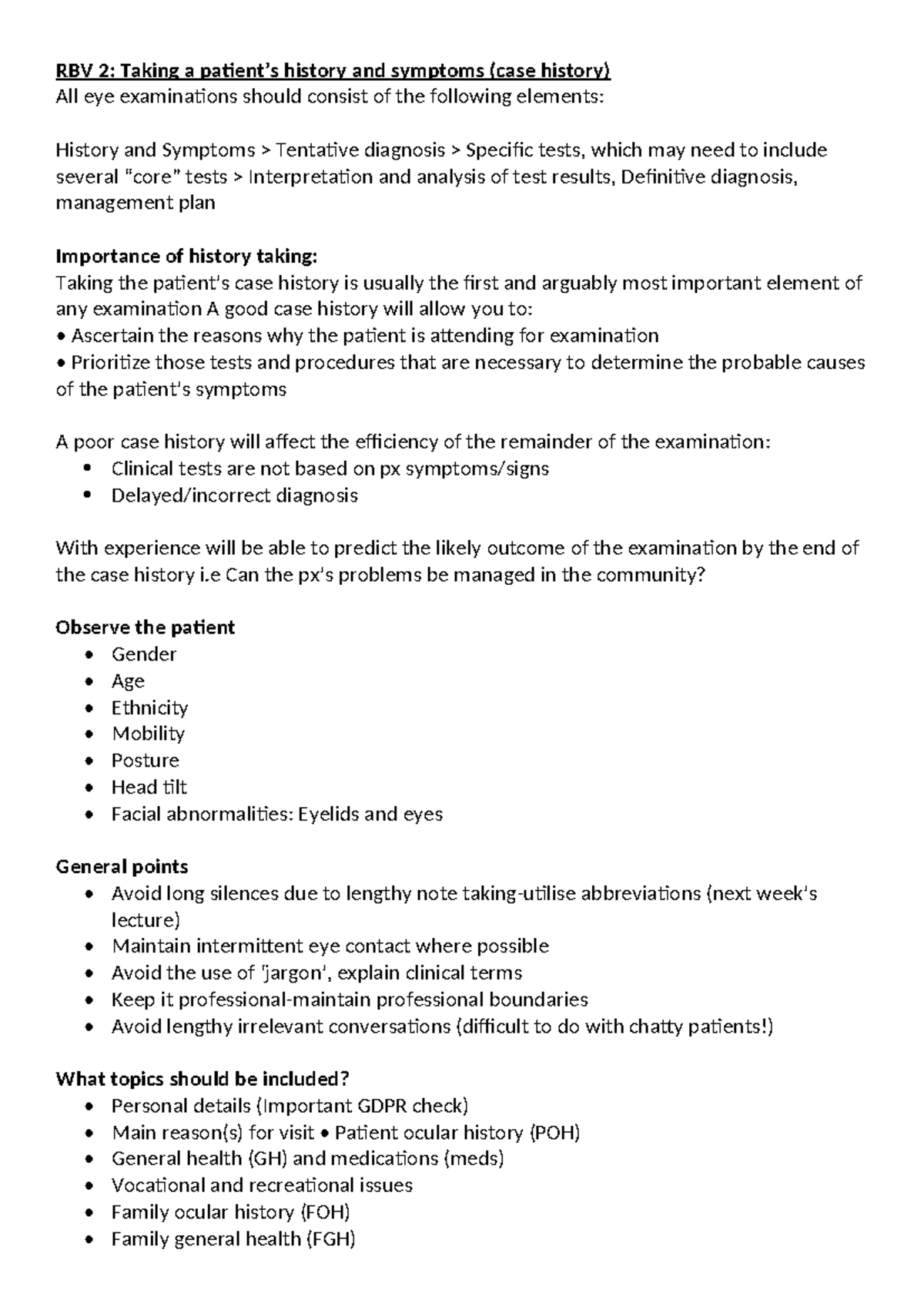 RBV History taking week 1 - RBV 2: Taking a patient’s history and ...