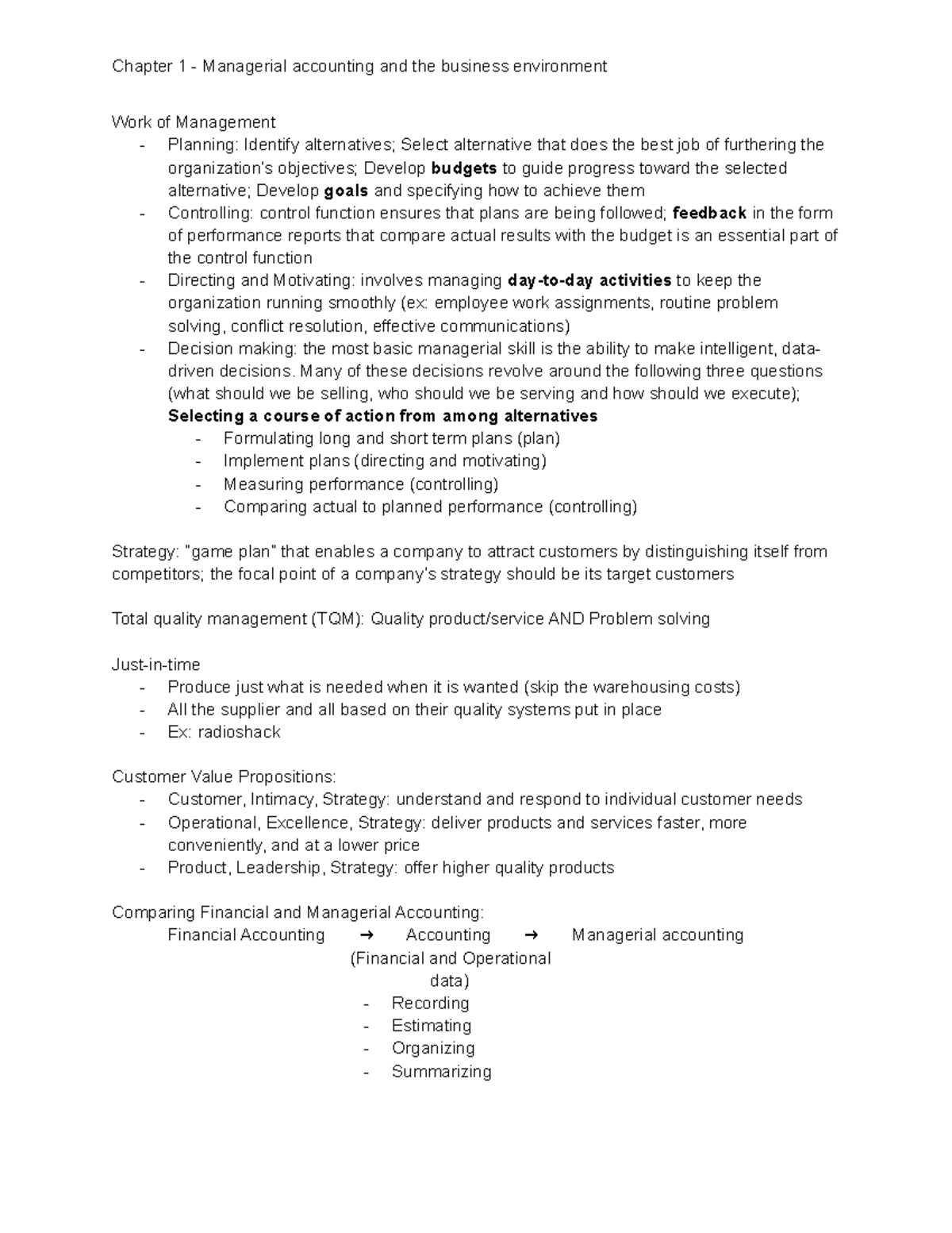 Chapter 1 - Lecture and textbook notes - Work of Management - Planning ...
