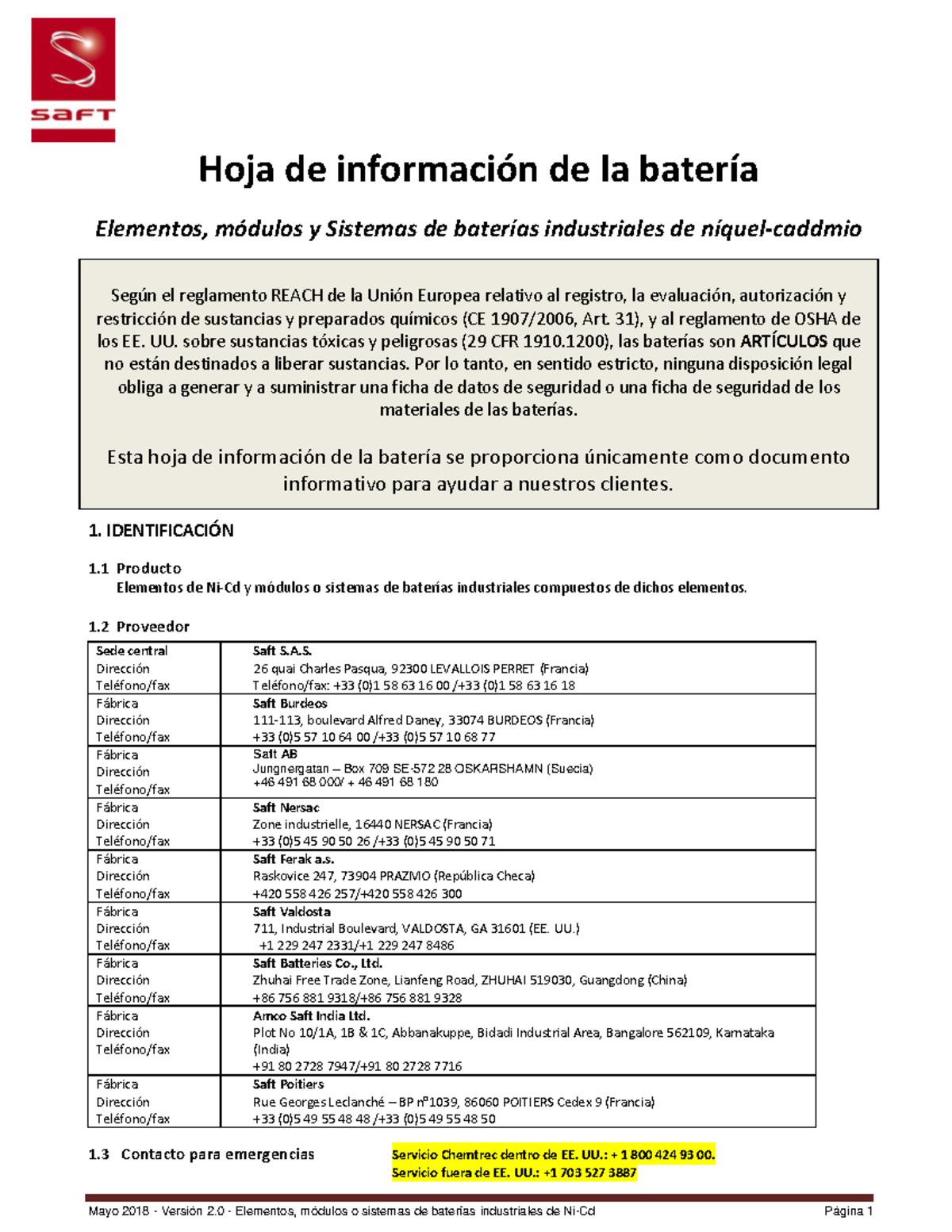 BIS Nickel Cadmium Saft May2018 BIS061212 V3 ES Hoja de informaciÛn