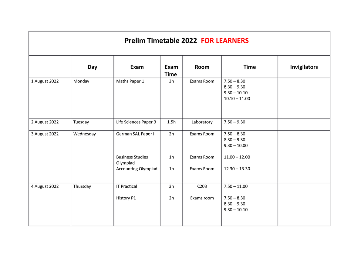 Prelim timetable and invigilation Aug 2022 FOR Learners Prelim