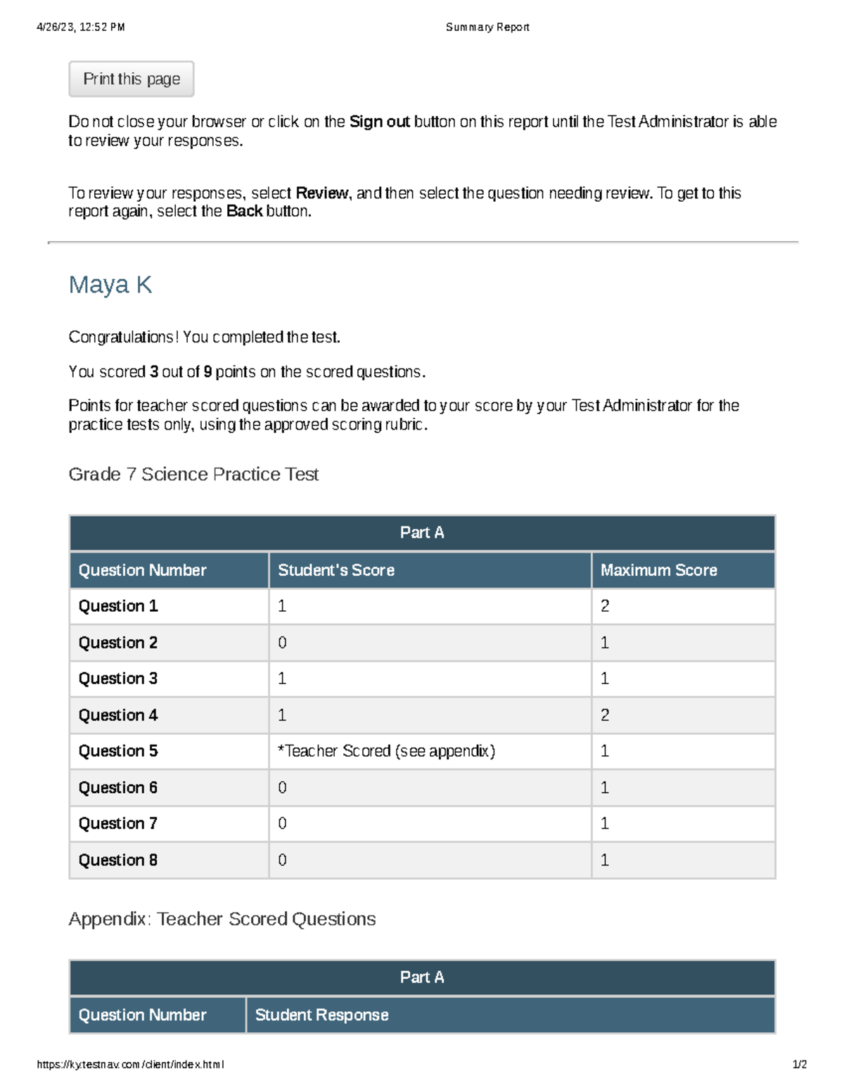 Summary Report Test Nav 4/26/23, 1252 PM Summary Report ky.testnav