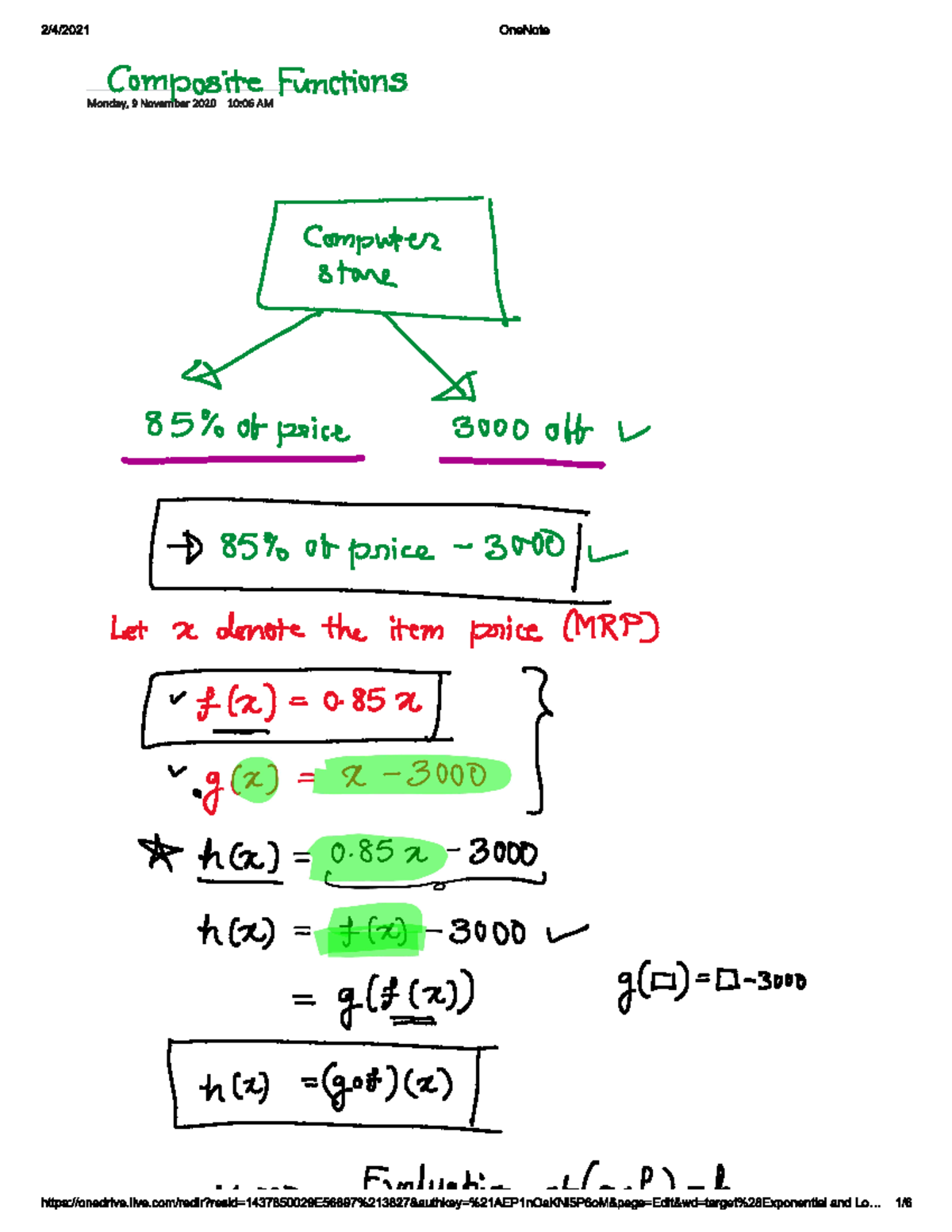 Lecture 7.6, 7.7, and 7 - OneNote Composite Functions Monday, 9 ...