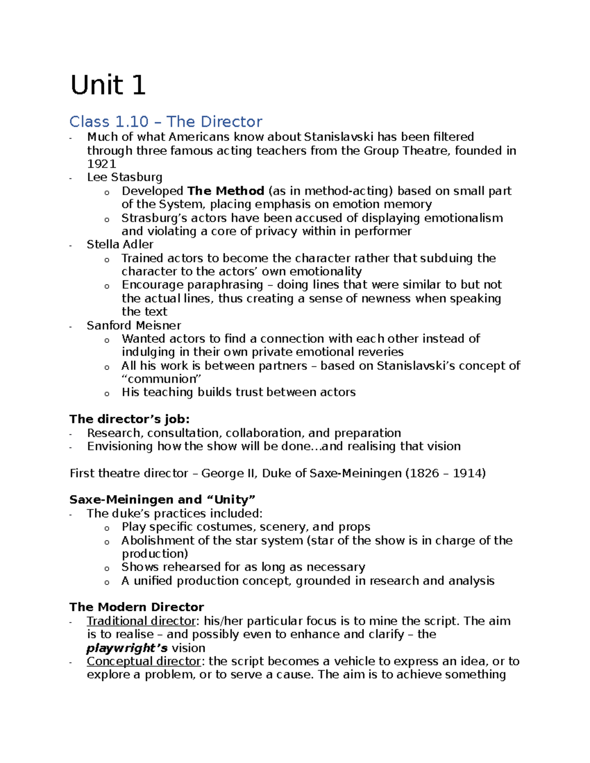 Unit 1 Notes - Unit 1 - Unit 1 Class 1 – The Director Much Of What ...