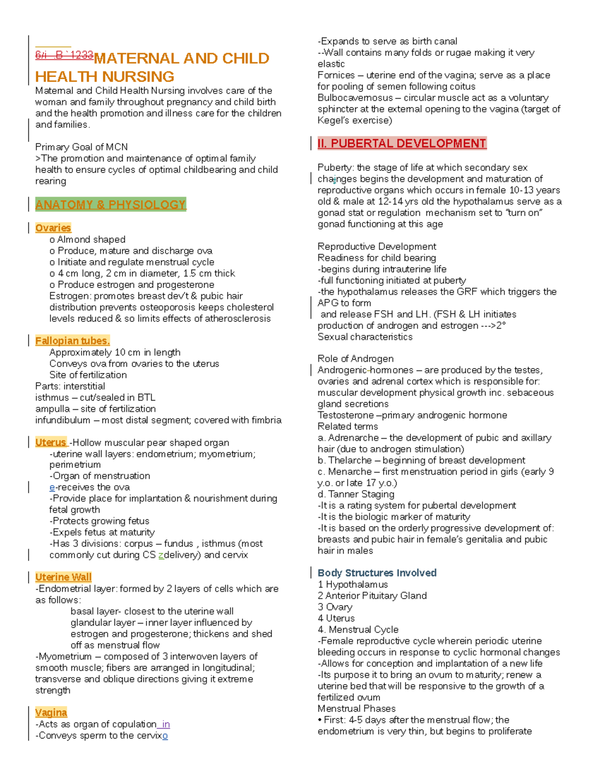 Notes Maternal Health Nursing 6/i .B `1233MATERNAL AND CHILD HEALTH