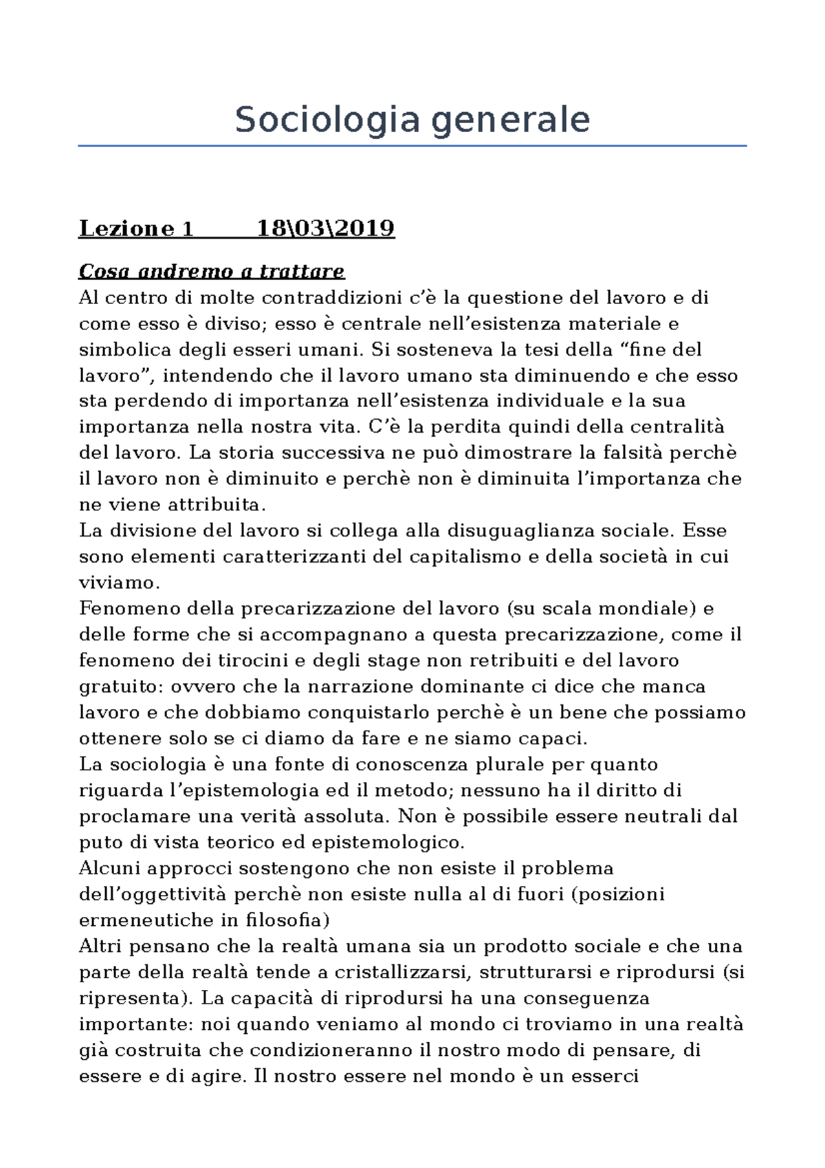 Sociologia Generale - Sociologia Generale Lezione 1 18\03\ Cosa Andremo ...