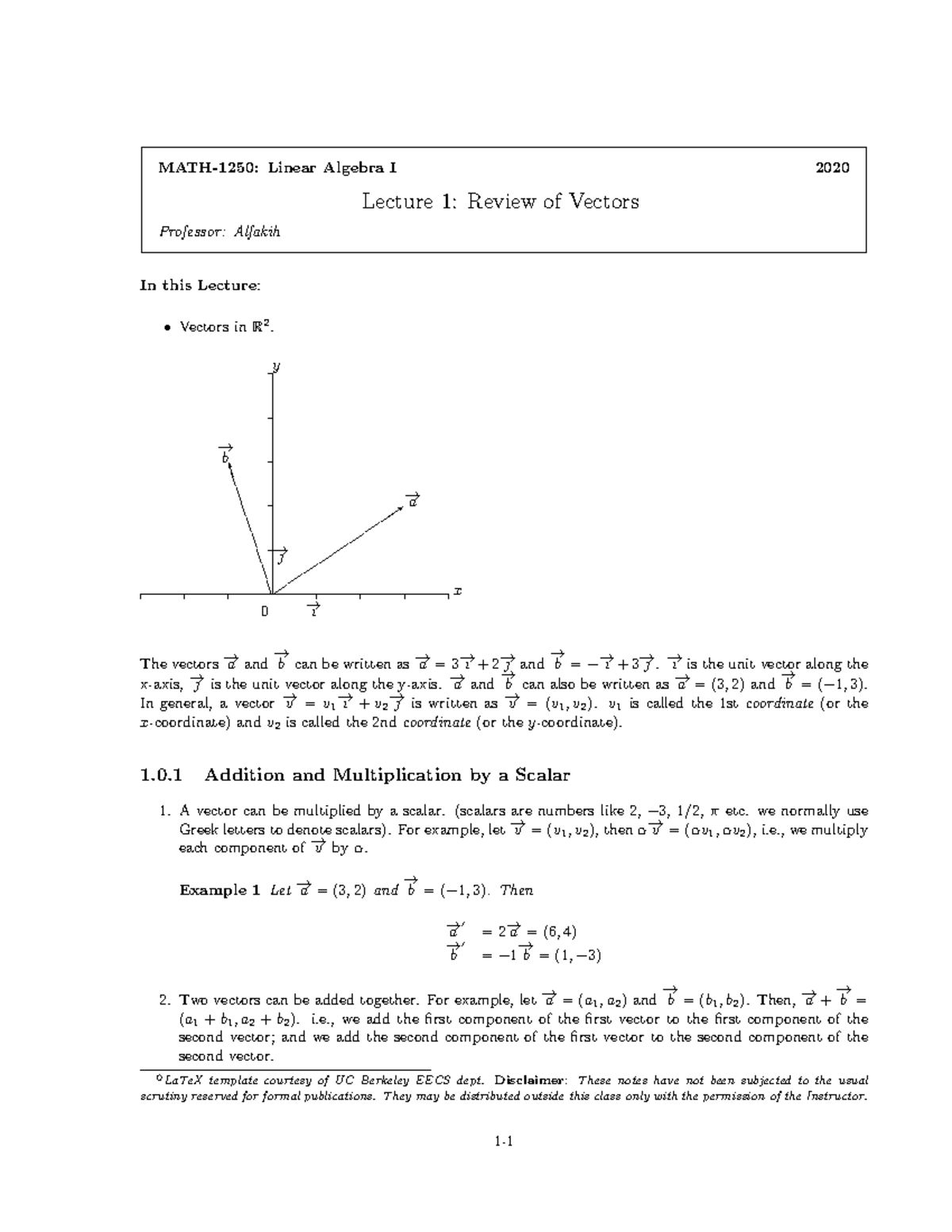 Lecture 1 - Review of vectors - MATH-1250: Linear Algebra I 2020 ...