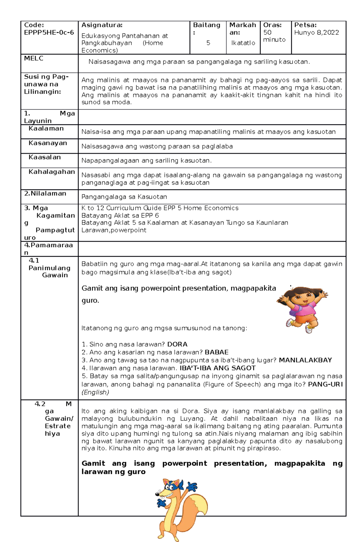 Cot ASDSF Code EPPP5HE0c Asignatura Edukasyong Pantahanan at