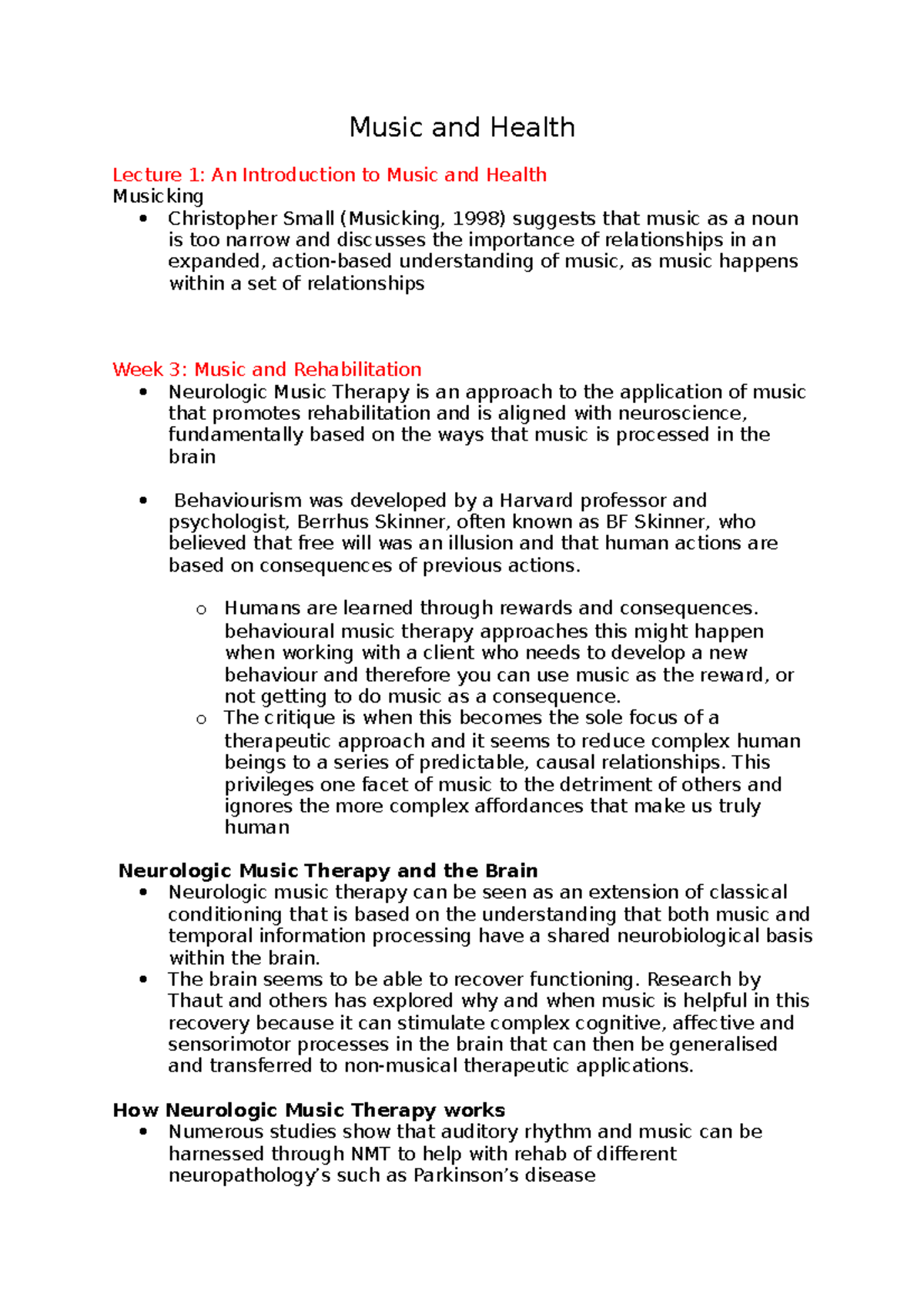 Music and Health Wk 3 notes Music and Health Lecture 1 An Introduction to Music and Health