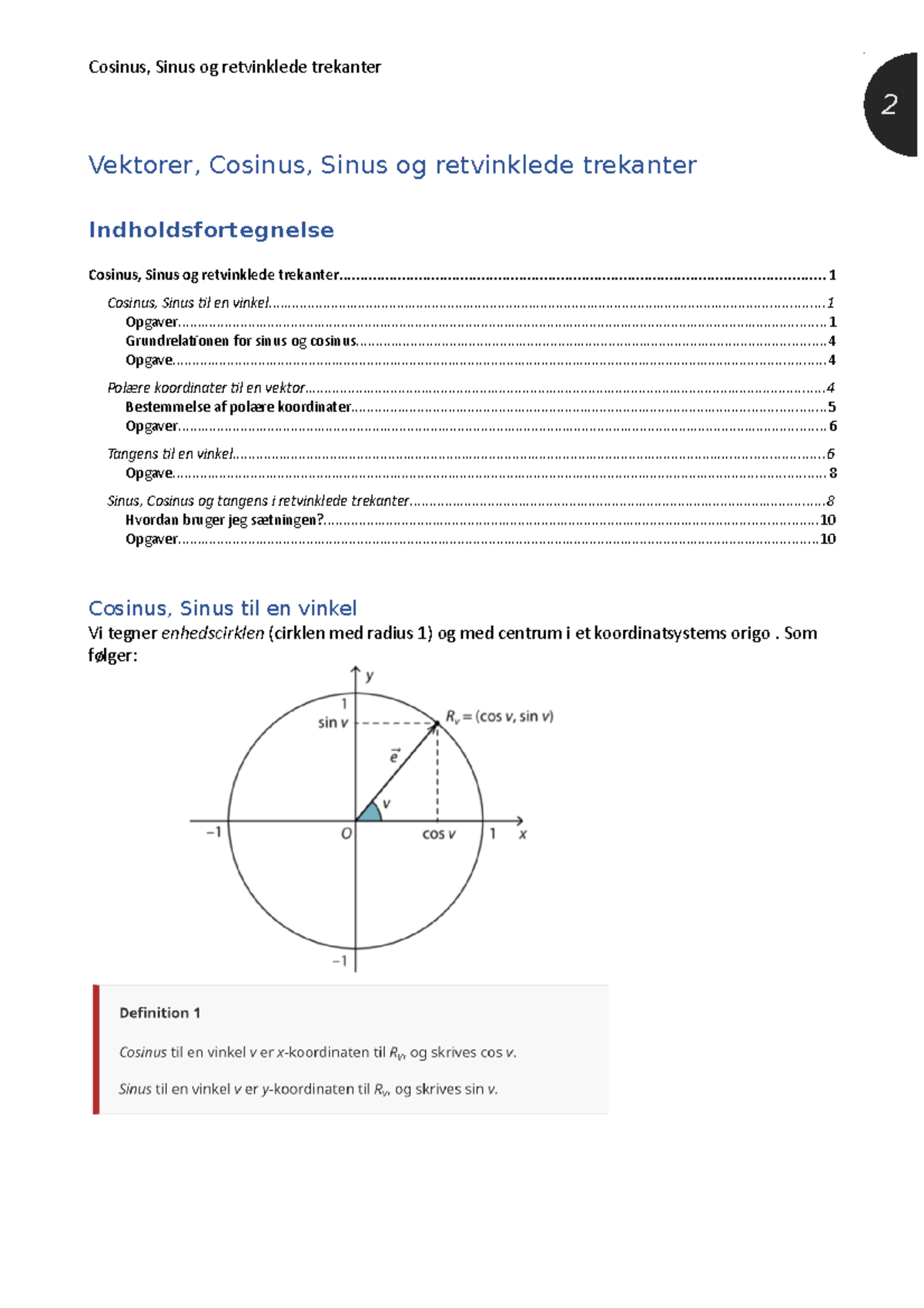 Cosinus, Sinus Noter Og Opgaver - 2 Vektorer, Cosinus, Sinus Og ...