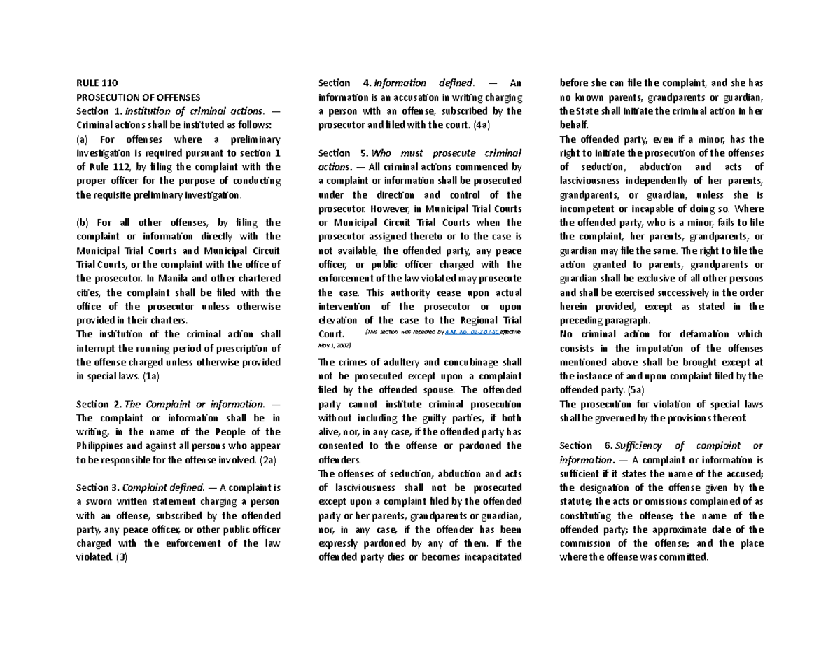 RULE 110 - notes - RULE 110 PROSECUTION OF OFFENSES Section 1 ...