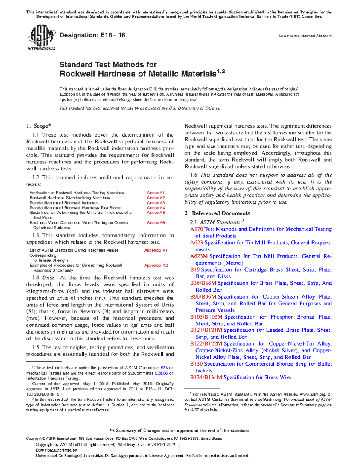 Designation E18 16 Standard Test Methods - Designation: E18 − 16 An ...
