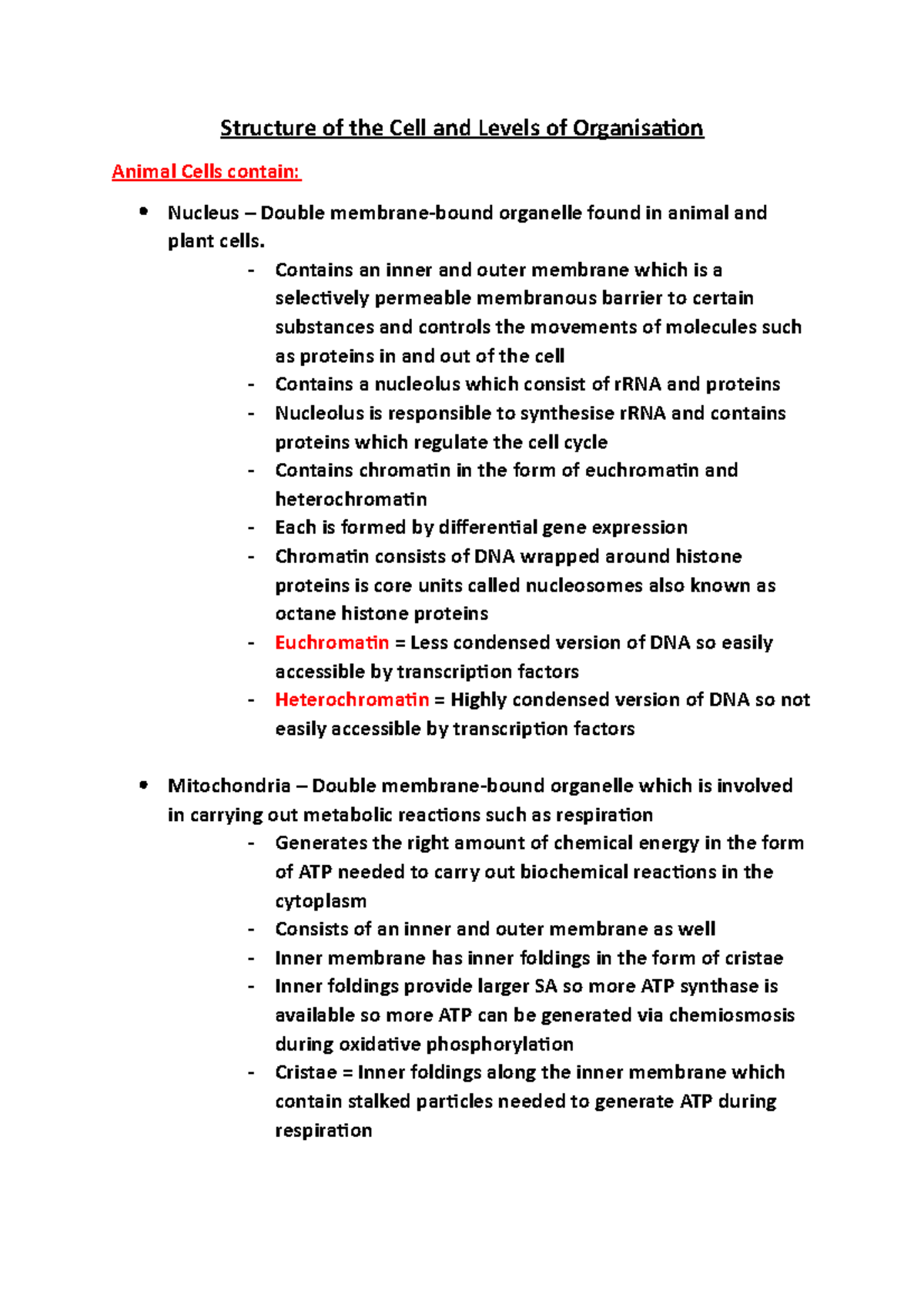 Structure of the Cell - Lecture notes 1 - Structure of the Cell and ...