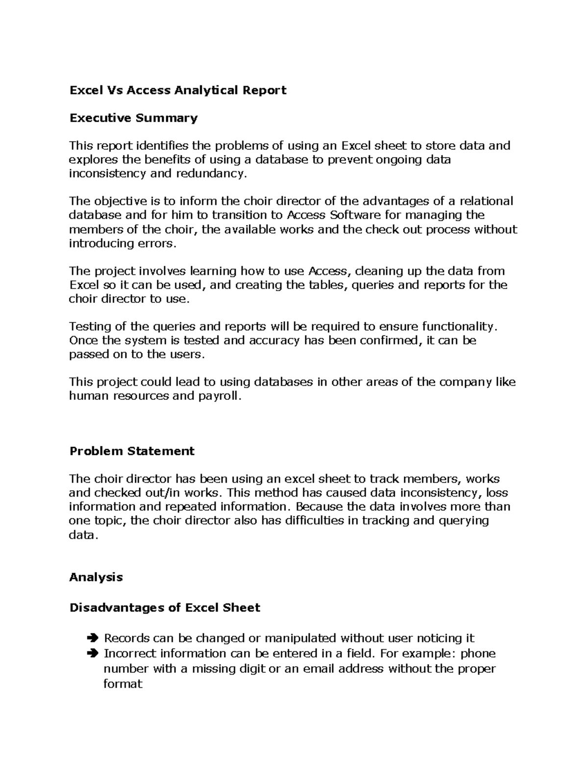 CMIS351 Assign 1 - Excel Vs Access Analytical Report - Excel Vs Access ...