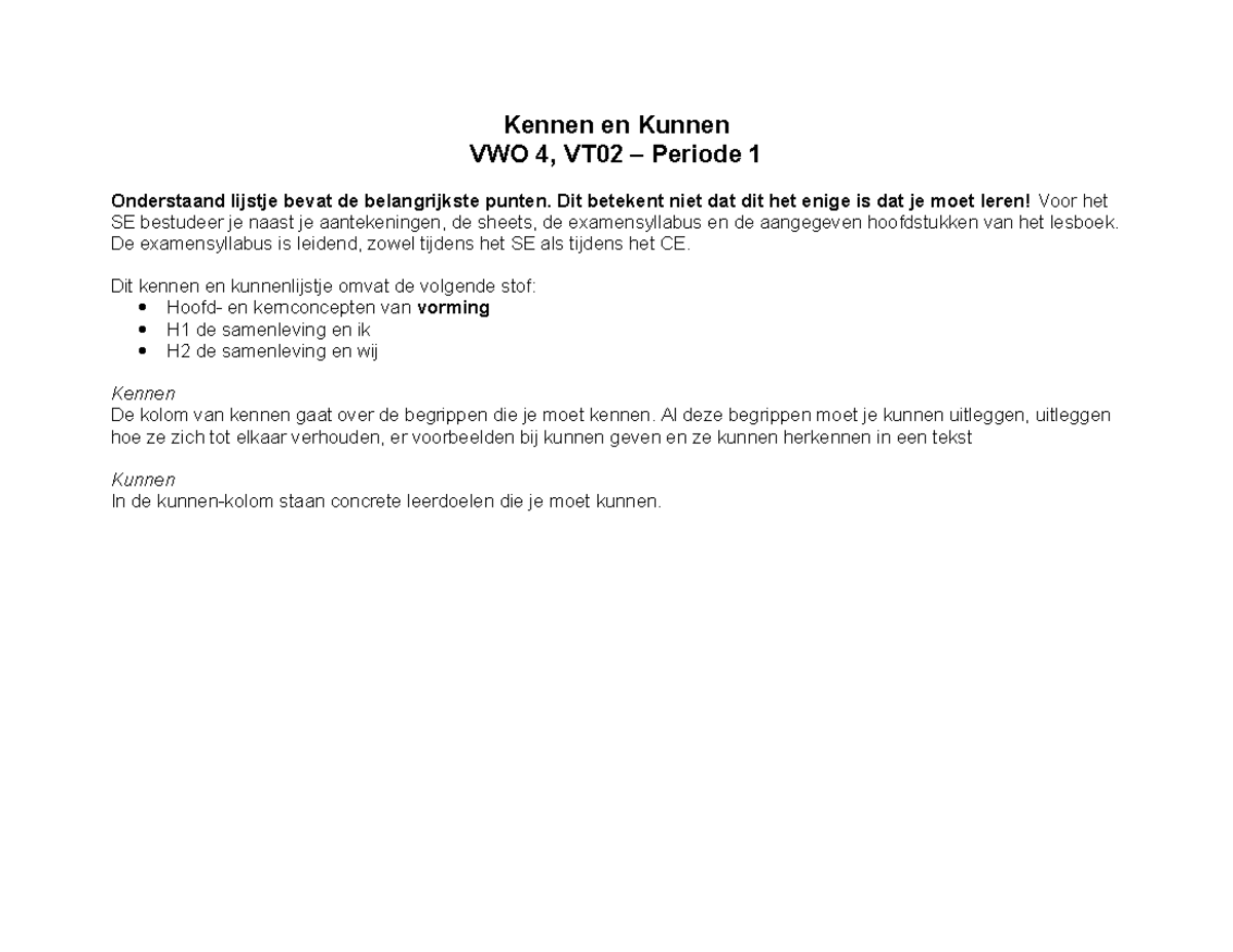 Kennenkunnenlijstje H1 2 en vorming 4 VWO maw 2021 2022 - Kennen en